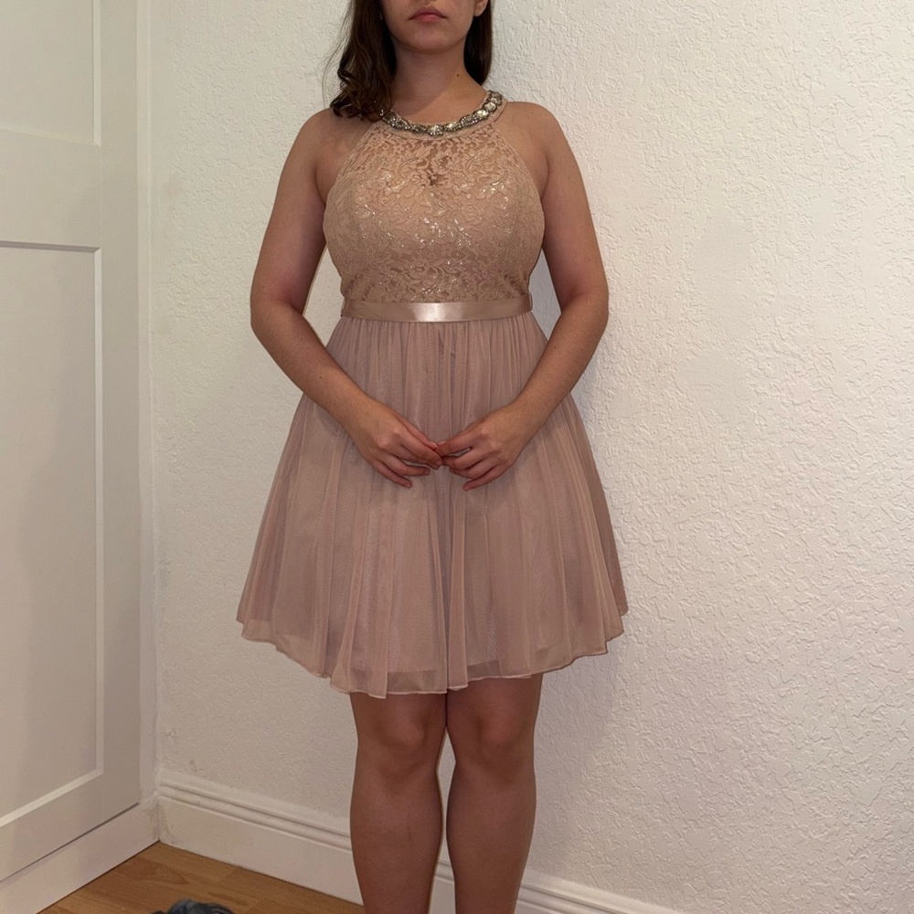 Sequin Hearts Lace Halter Dress in Blush Pink Size 7